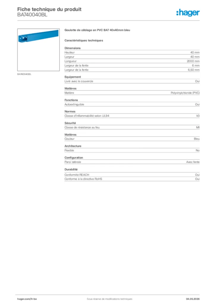 Image Hager Fiche technique du produit BA740040BL | Hager Belgique