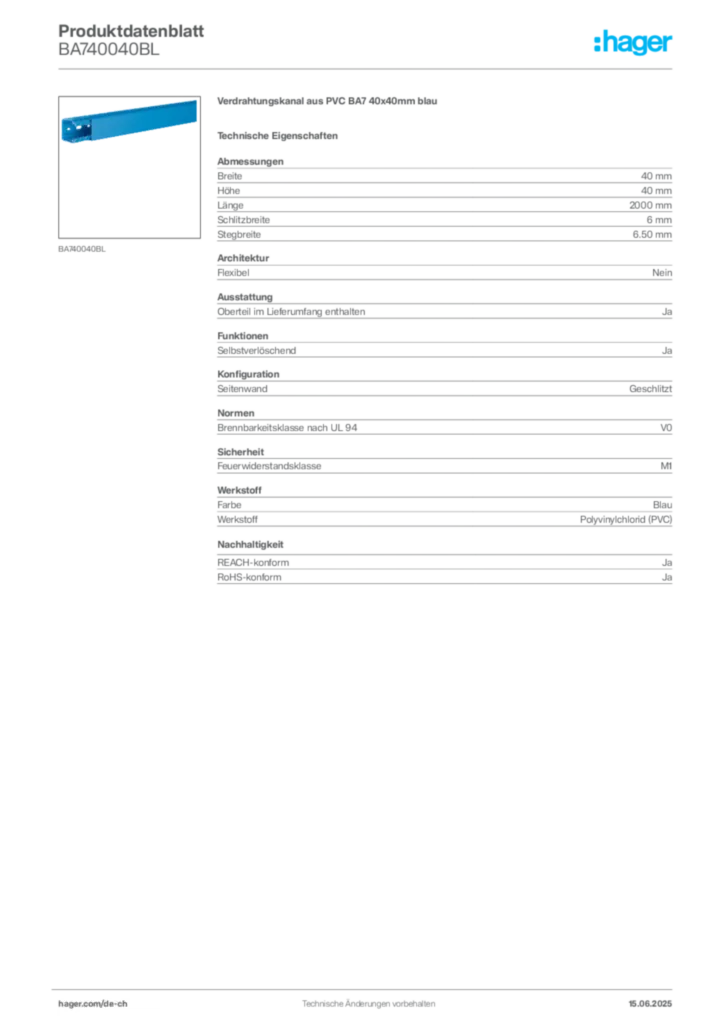 Bild Hager Produktdatenblatt BA740040BL | Hager Schweiz