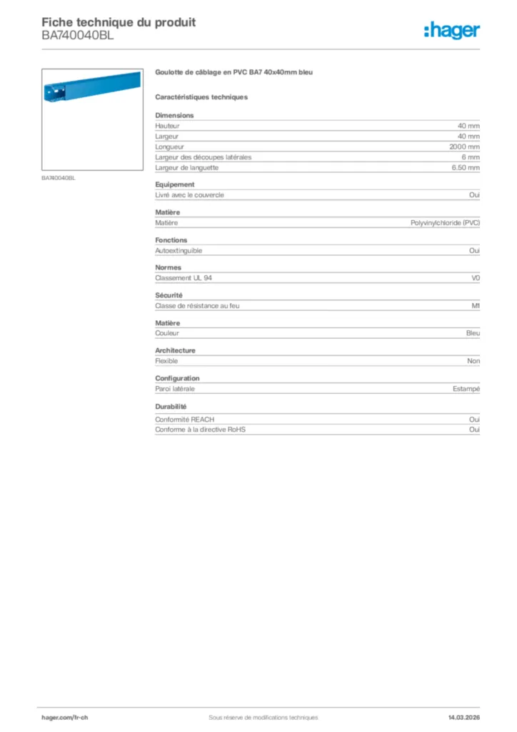 Image Hager Fiche technique du produit BA740040BL | Hager Suisse