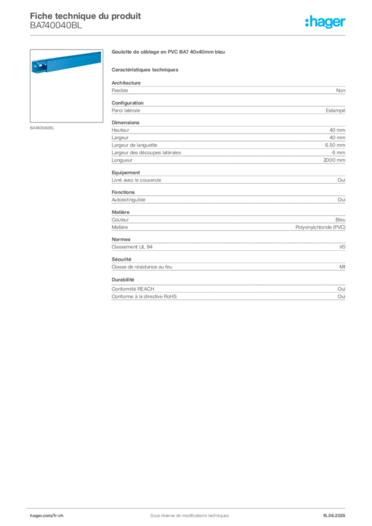 Image Hager Fiche technique du produit BA740040BL | Hager Suisse