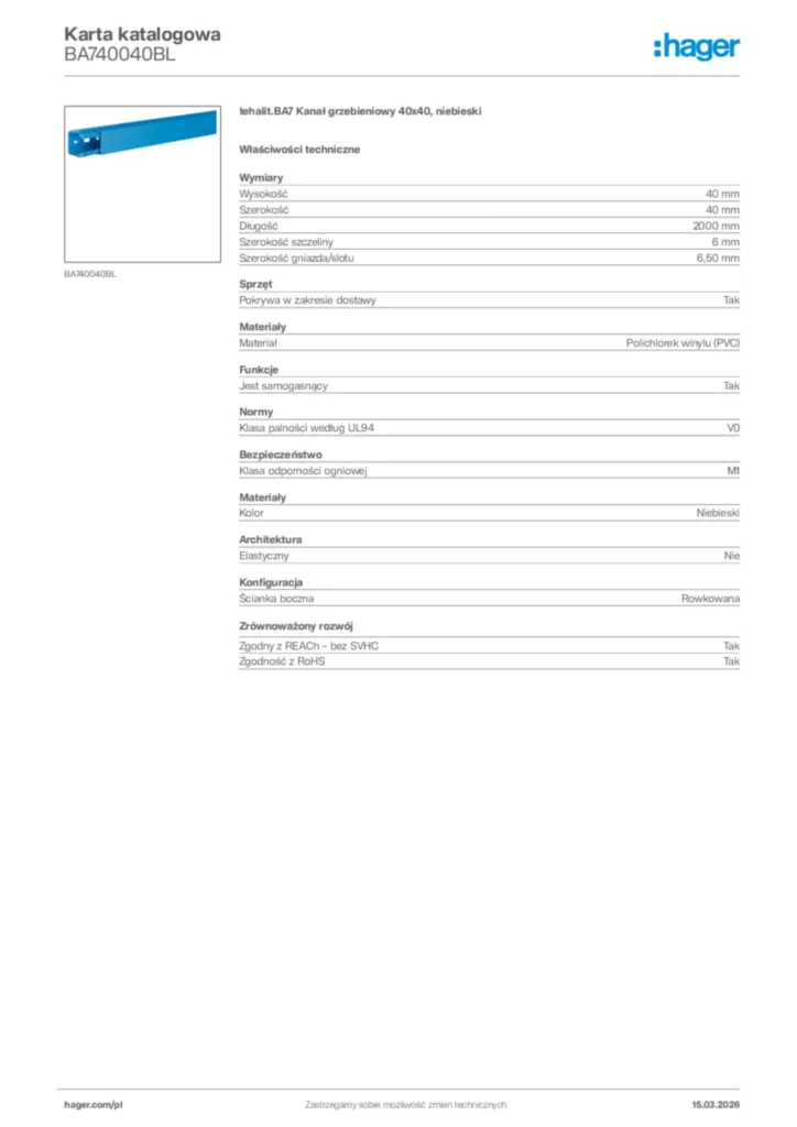 Zdjęcie Hager Karta katalogowa BA740040BL | Hager Polska