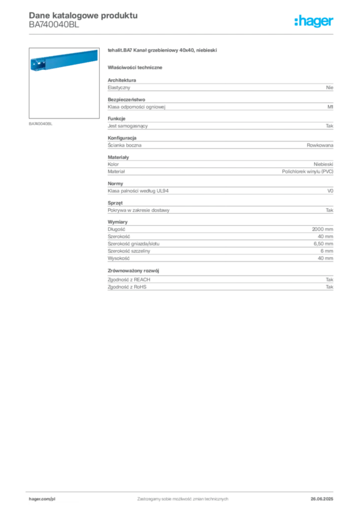 Zdjęcie Hager Karta katalogowa BA740040BL | Hager Polska