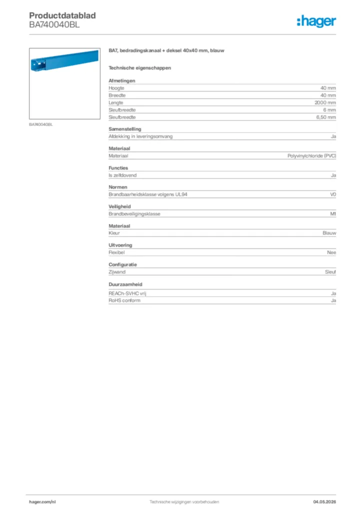 Afbeelding Hager Productdatablad BA740040BL | Hager Nederland