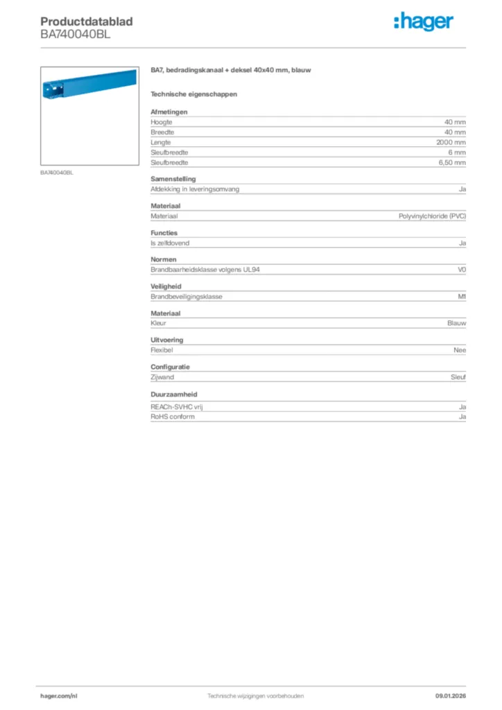 Afbeelding Hager Productdatablad BA740040BL | Hager Nederland