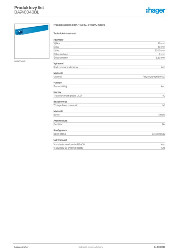 Obrázek Hager Product data sheet BA740040BL | Hager