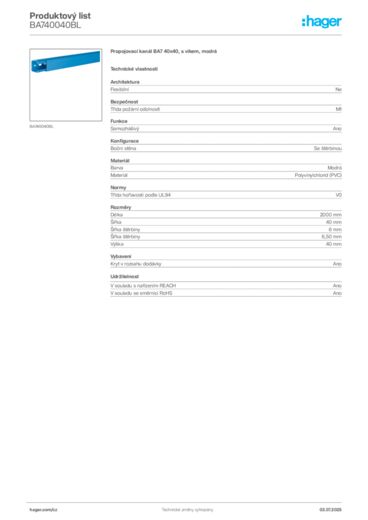 Obrázek Hager Produktový list BA740040BL | Hager