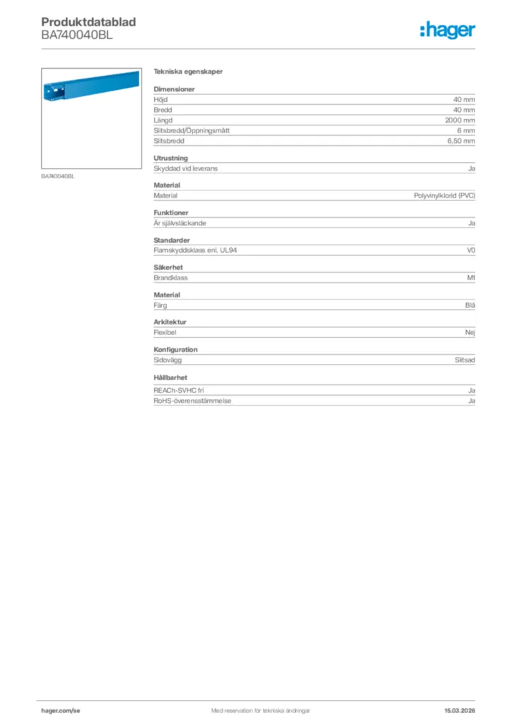 Bild Hager Produktdatablad BA740040BL | Hager Sverige
