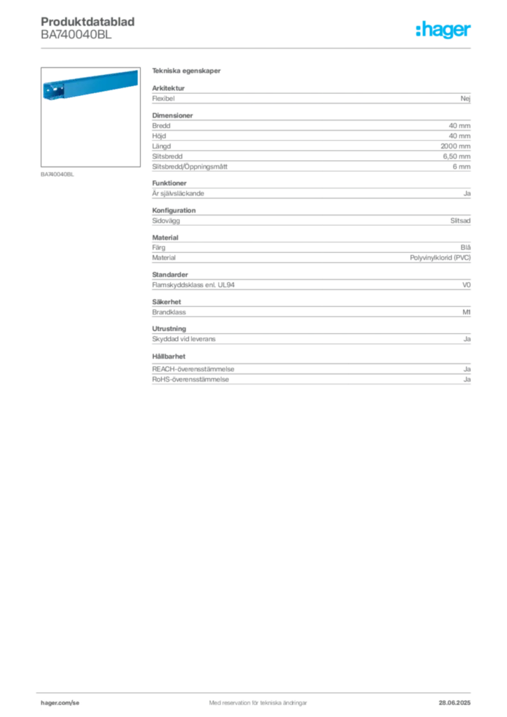 Bild Hager Produktdatablad BA740040BL | Hager Sverige