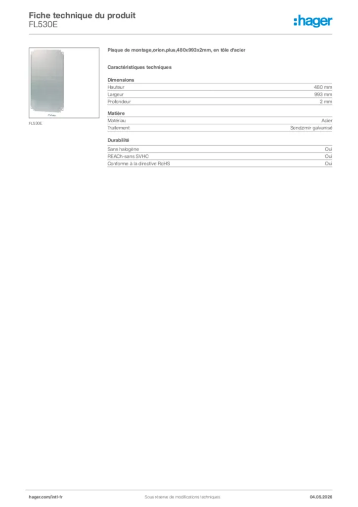 Image Hager Fiche technique du produit FL530E | Hager Afrique