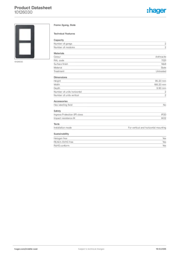 Image Hager Product data sheet 10126030  | Hager
