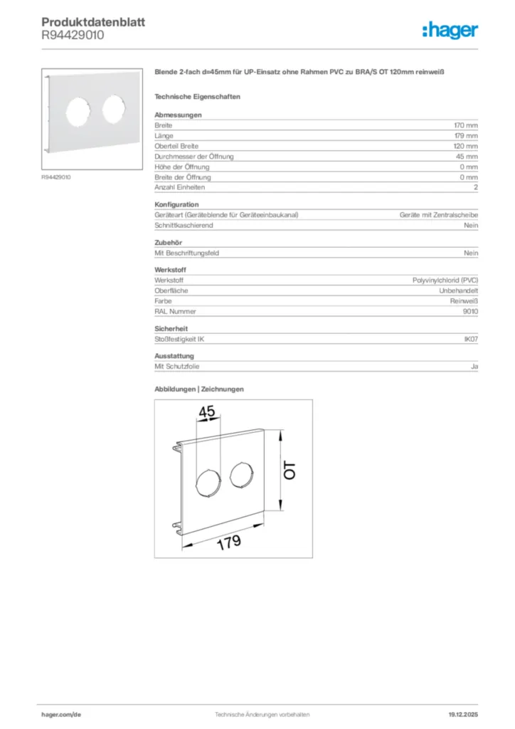 Bild Hager Produktdatenblatt R94429010 | Hager Deutschland