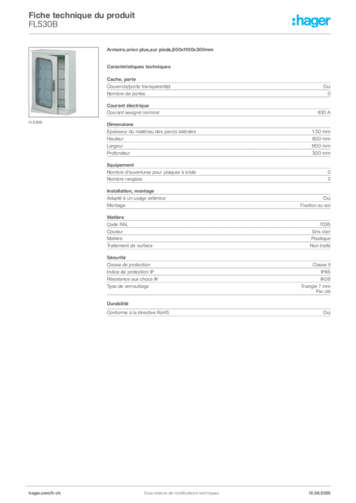 Image Hager Fiche technique du produit FL530B | Hager Suisse