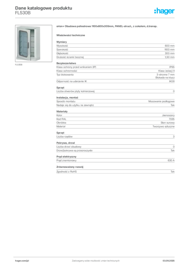 Zdjęcie Hager Karta katalogowa FL530B | Hager Polska
