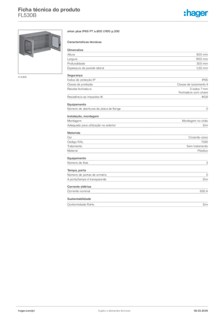 Imagem Hager Ficha técnica do produto FL530B | Hager Portugal