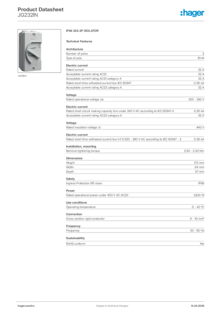 Image Hager Product data sheet JG232IN  | Hager New Zealand