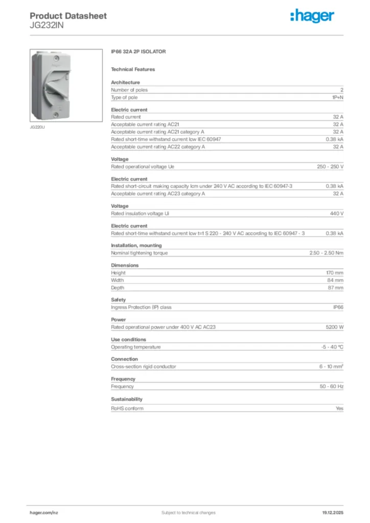 Image Hager Product data sheet JG232IN  | Hager New Zealand