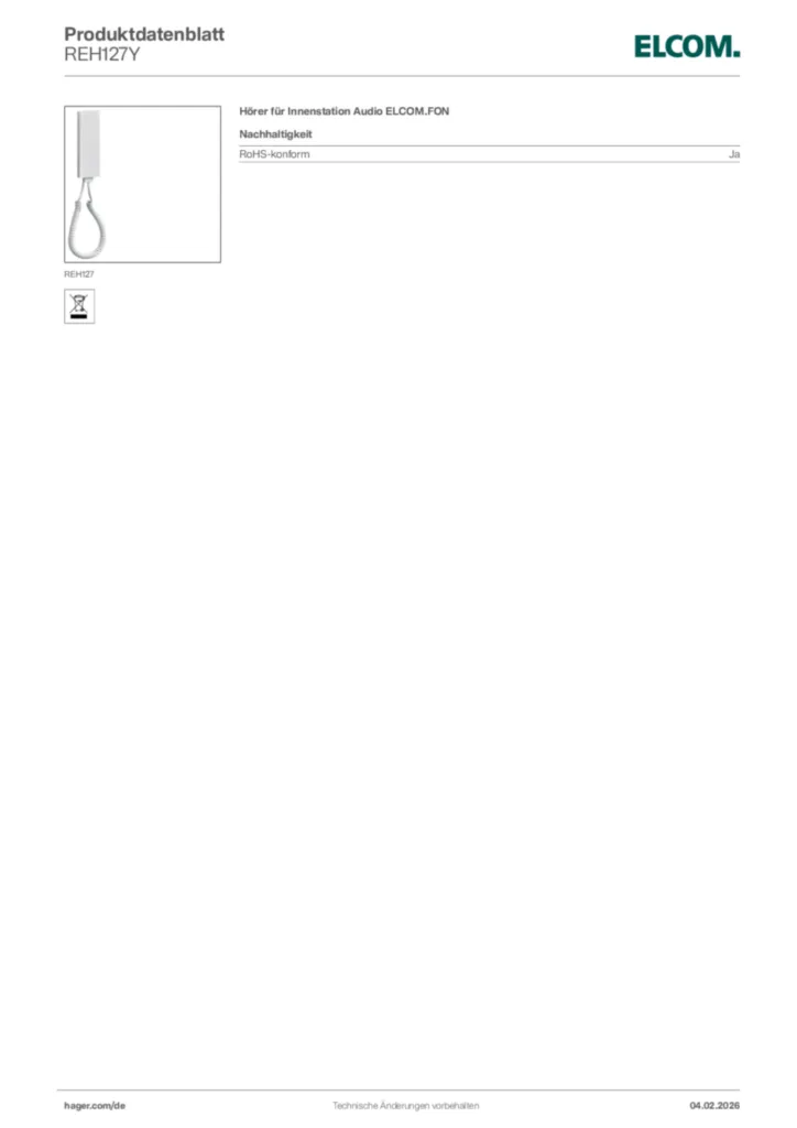 Bild Elcom Produktdatenblatt REH127Y | Hager Deutschland