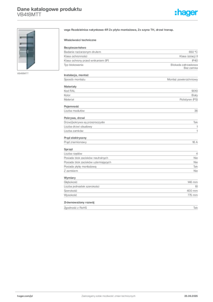 Zdjęcie Hager Karta katalogowa VB418MTT | Hager Polska