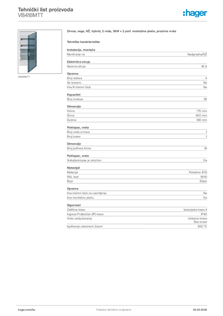 Slika Hager Tehnički list proizvoda VB418MTT  | Hager