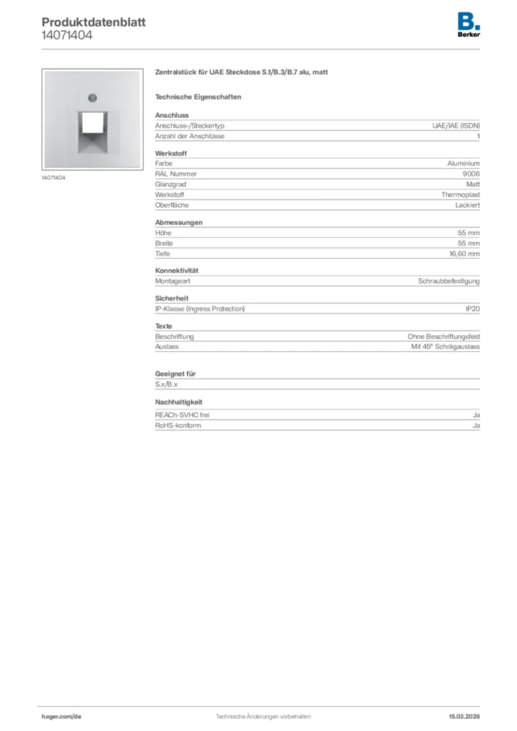 Bild Berker Produktdatenblatt 14071404 | Hager Deutschland