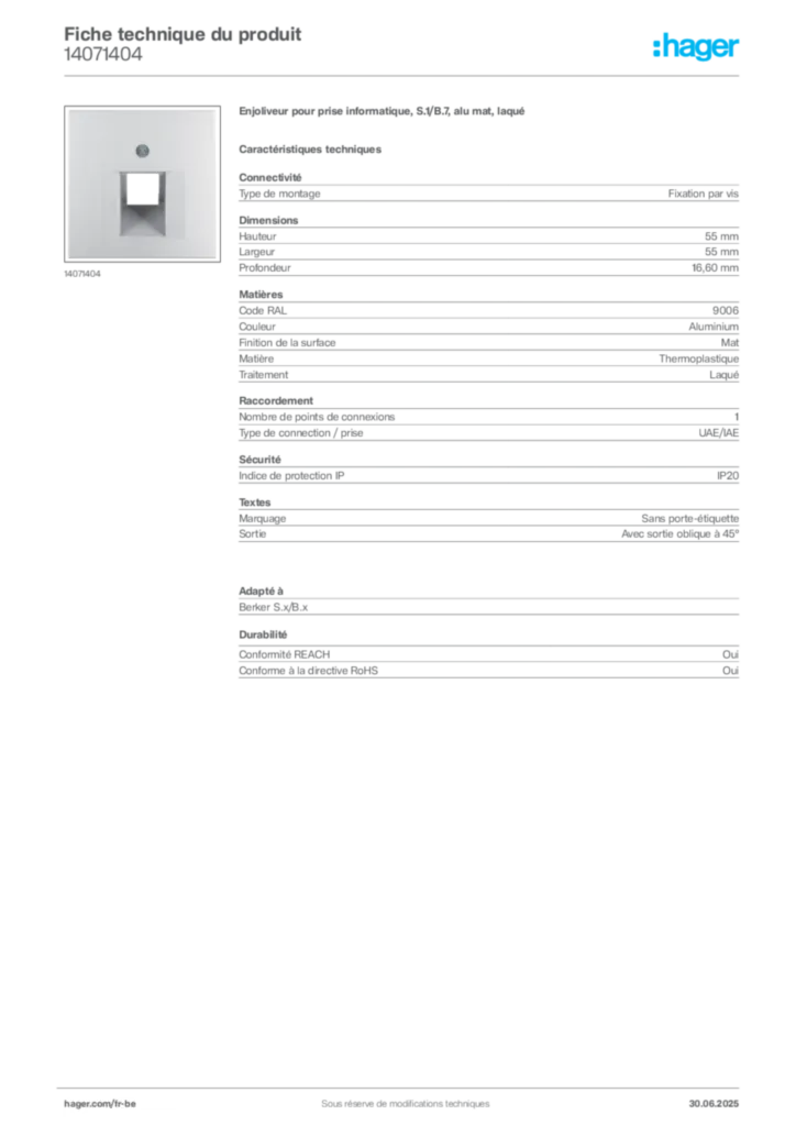 Image Hager Fiche technique du produit 14071404 | Hager Belgique