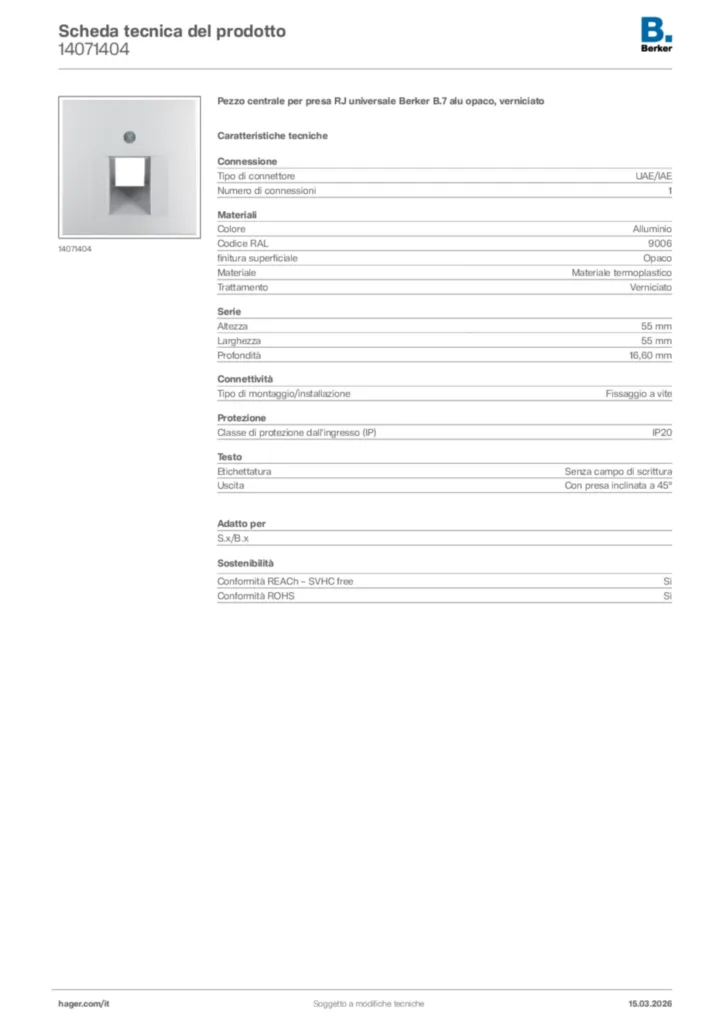 Immagine Berker Scheda tecnica del prodotto 14071404 | Hager Italia