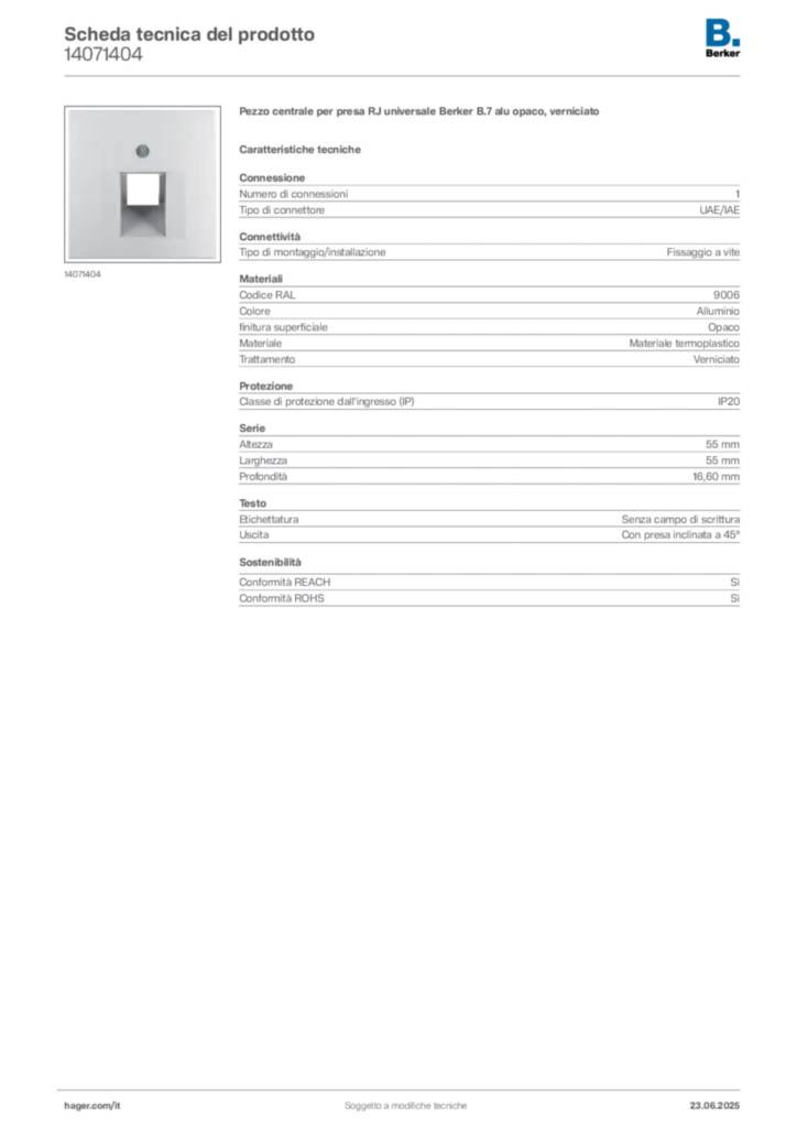 Immagine Berker Scheda tecnica del prodotto 14071404 | Hager Italia