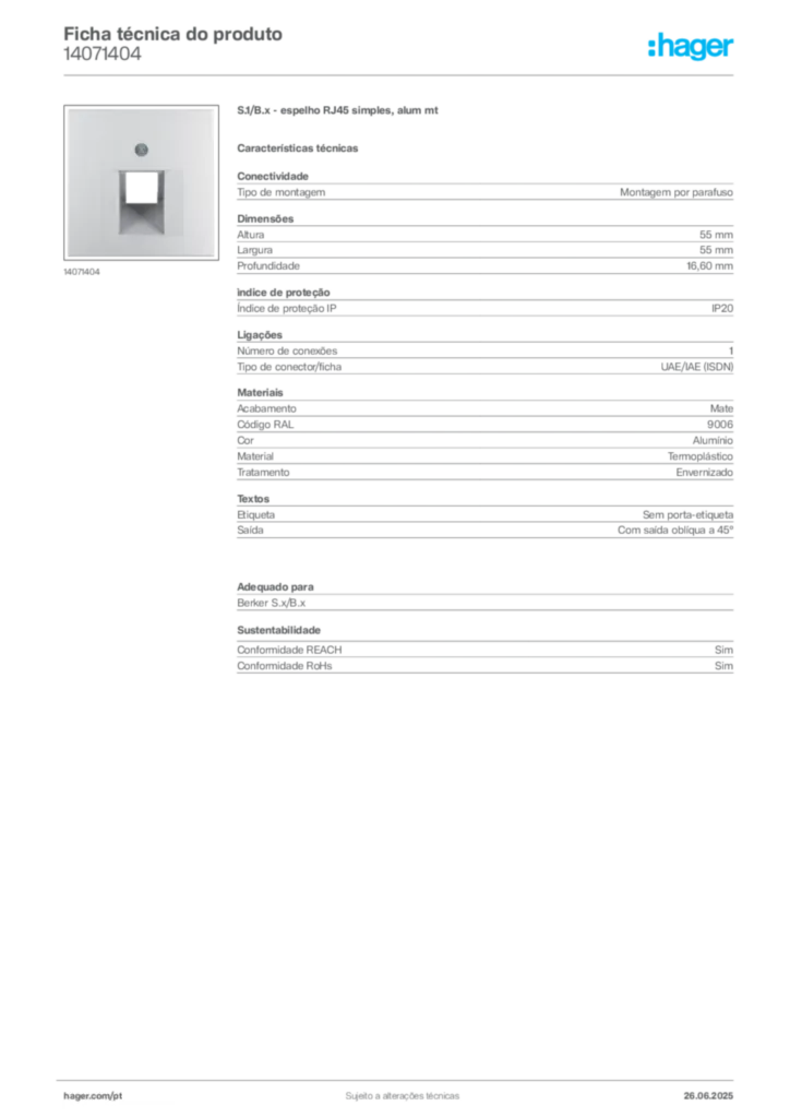 Imagem Hager Ficha técnica do produto 14071404 | Hager Portugal