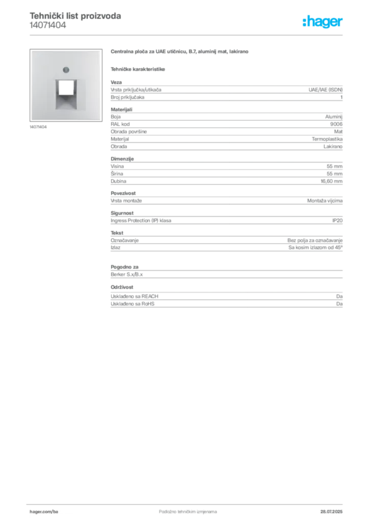 Slika Hager Product data sheet 14071404  | Hager