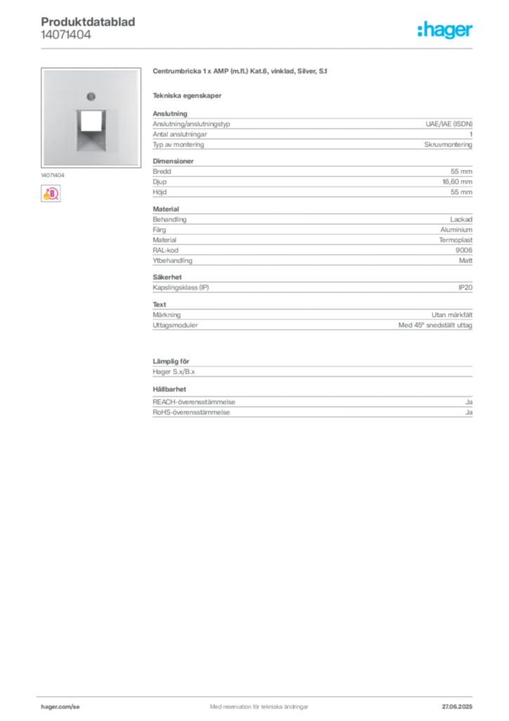 Bild Hager Produktdatablad 14071404 | Hager Sverige