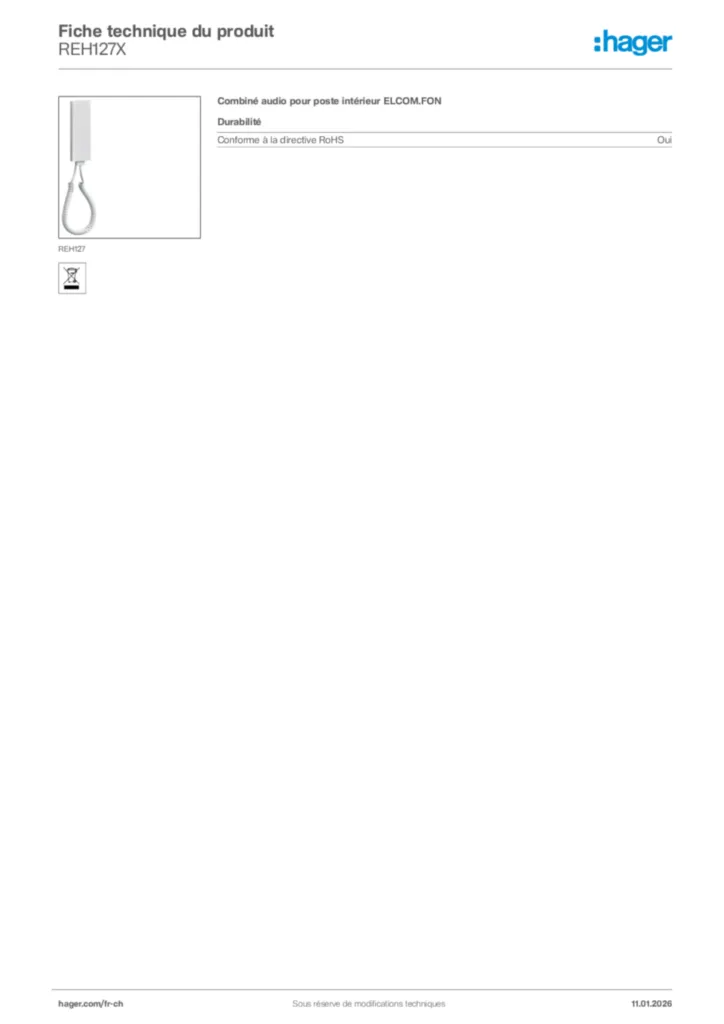 Image Hager Fiche technique du produit REH127X | Hager Suisse