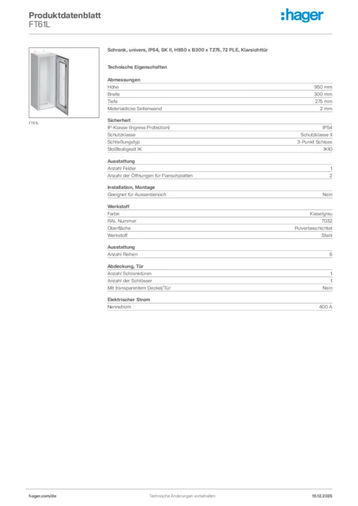 Bild Hager Produktdatenblatt FT61L | Hager Deutschland