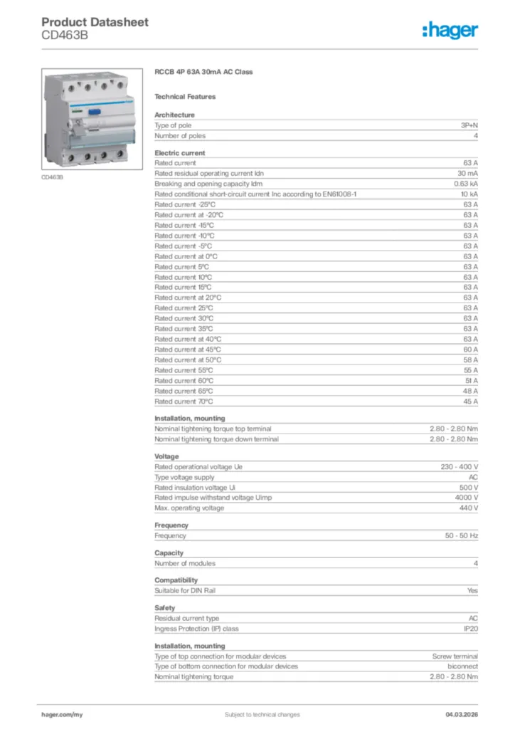 Image Hager Product data sheet CD463B  | Hager