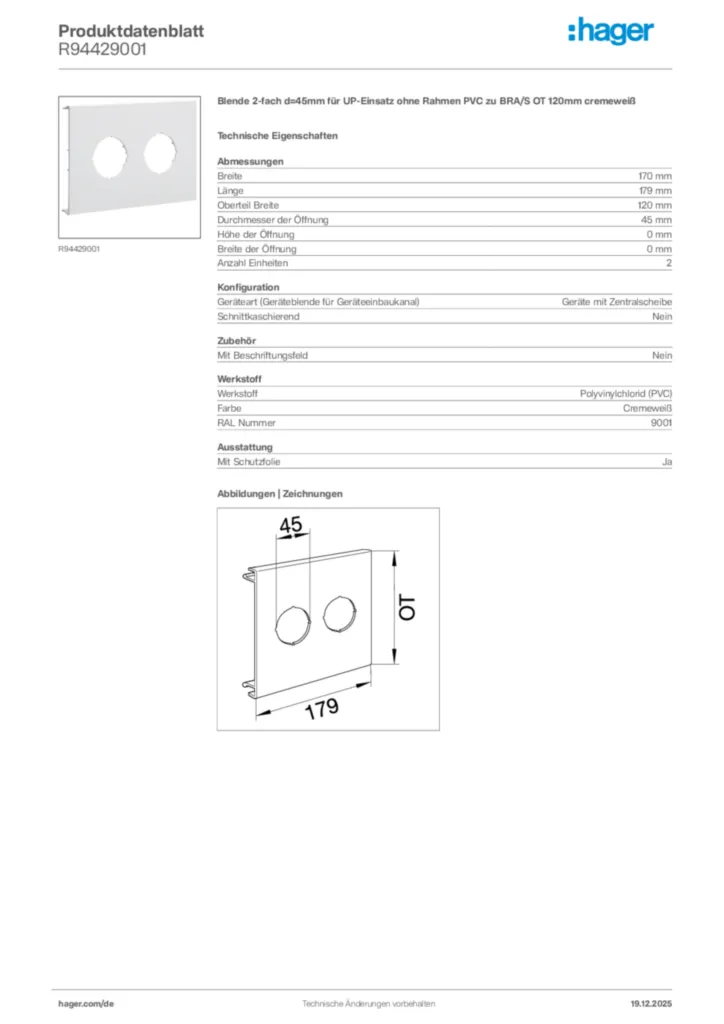 Bild Hager Produktdatenblatt R94429001 | Hager Deutschland