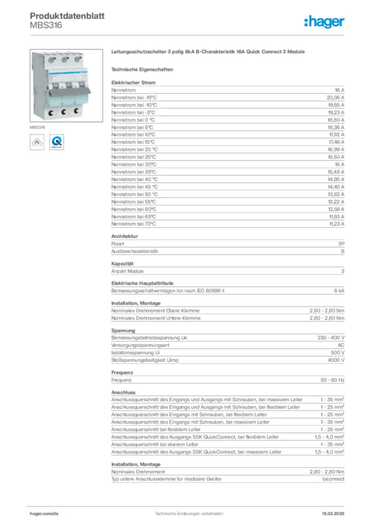 Bild Hager Produktdatenblatt MBS316 | Hager Deutschland