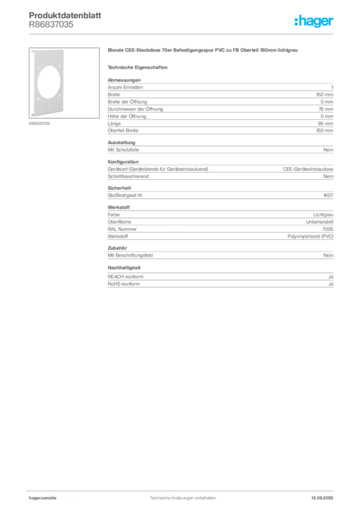 Bild Hager Produktdatenblatt R86837035 | Hager Deutschland