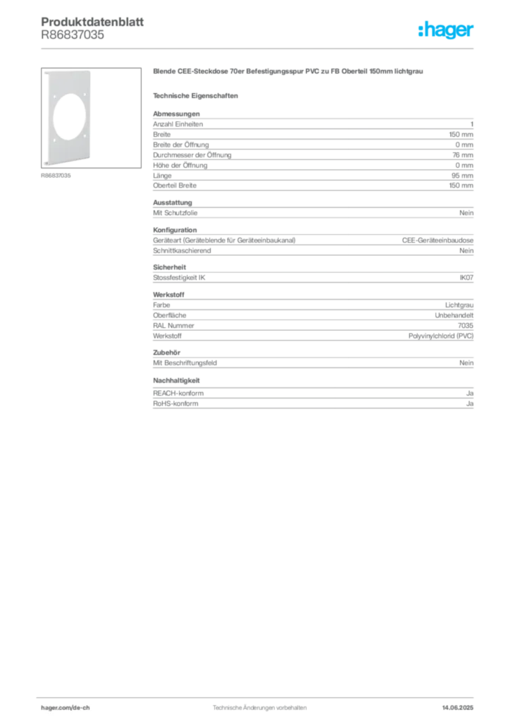 Bild Hager Produktdatenblatt R86837035 | Hager Schweiz