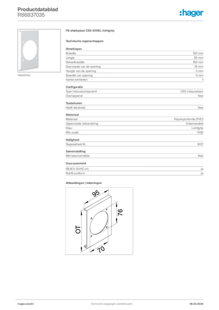Afbeelding Hager Productdatablad R86837035 | Hager Nederland