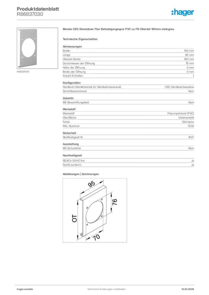Bild Hager Produktdatenblatt R86837030 | Hager Deutschland