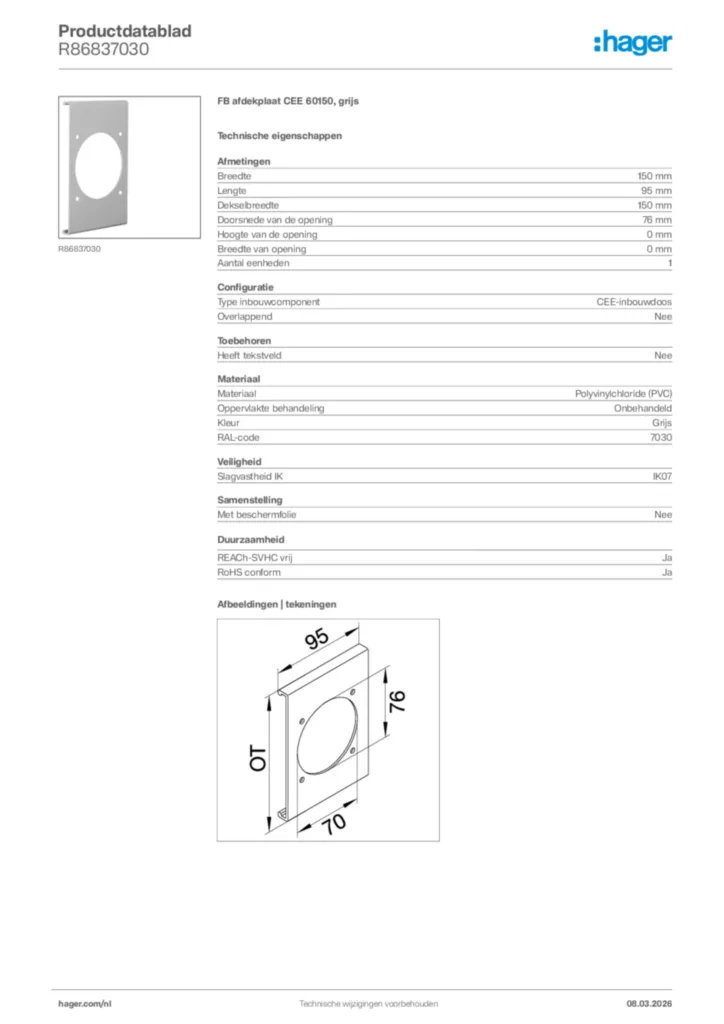 Afbeelding Hager Productdatablad R86837030 | Hager Nederland