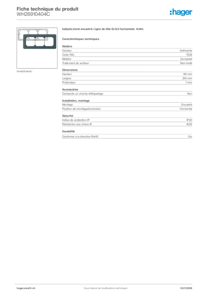 Image Hager Fiche technique du produit WH26910404C | Hager Suisse