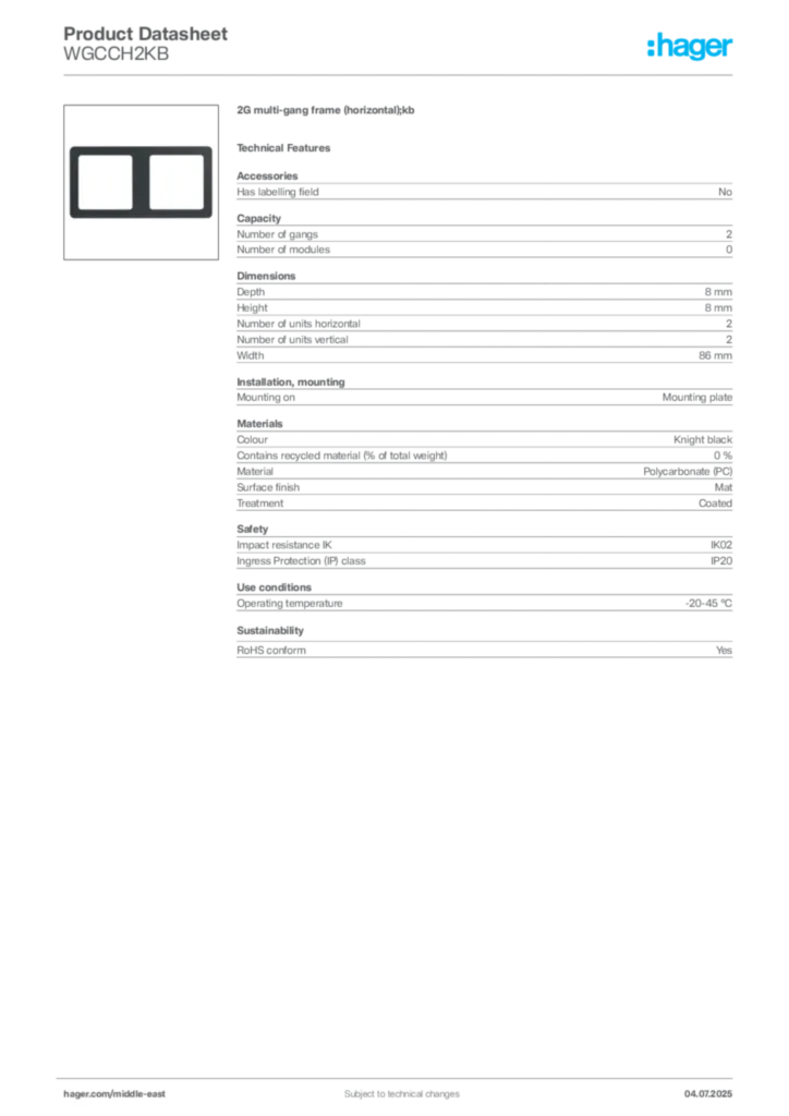 Image Hager Product data sheet WGCCH2KB  | Hager