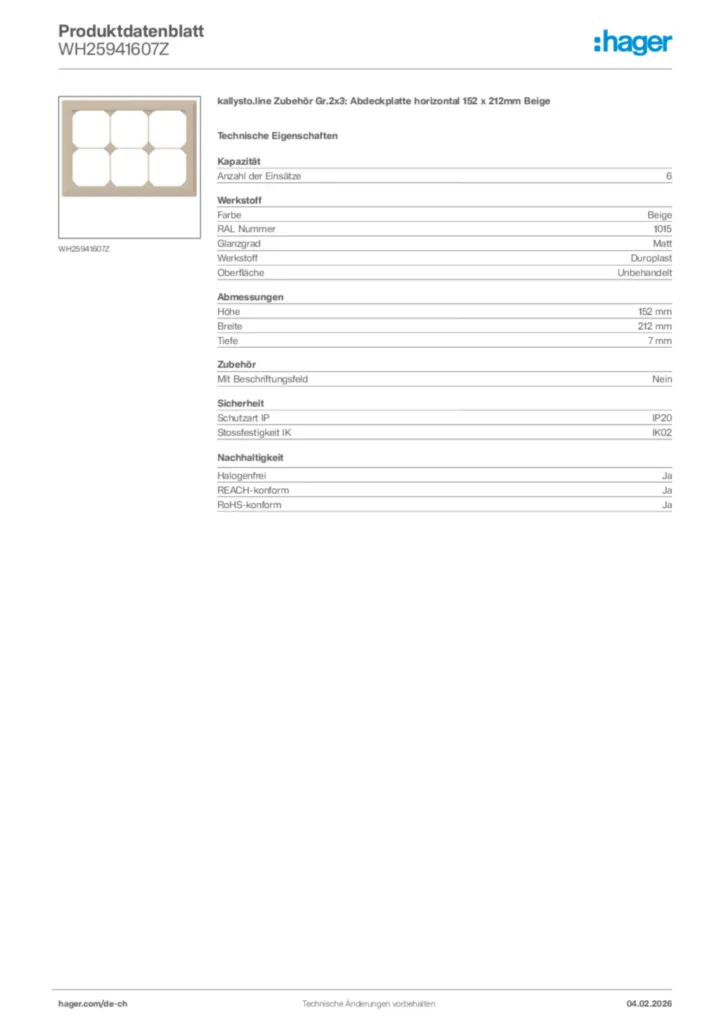 Bild Hager Produktdatenblatt WH25941607Z | Hager Schweiz