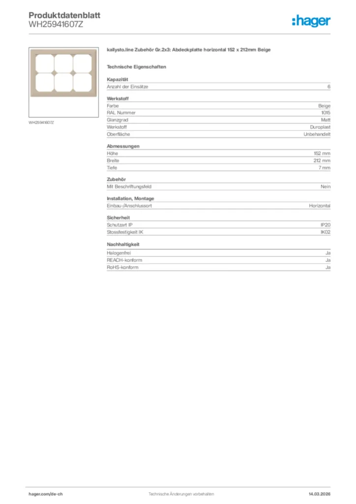 Bild Hager Produktdatenblatt WH25941607Z | Hager Schweiz