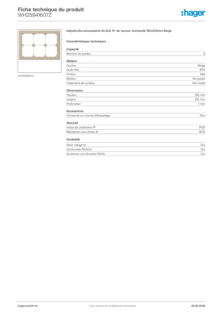 Image Hager Fiche technique du produit WH25941607Z | Hager Suisse