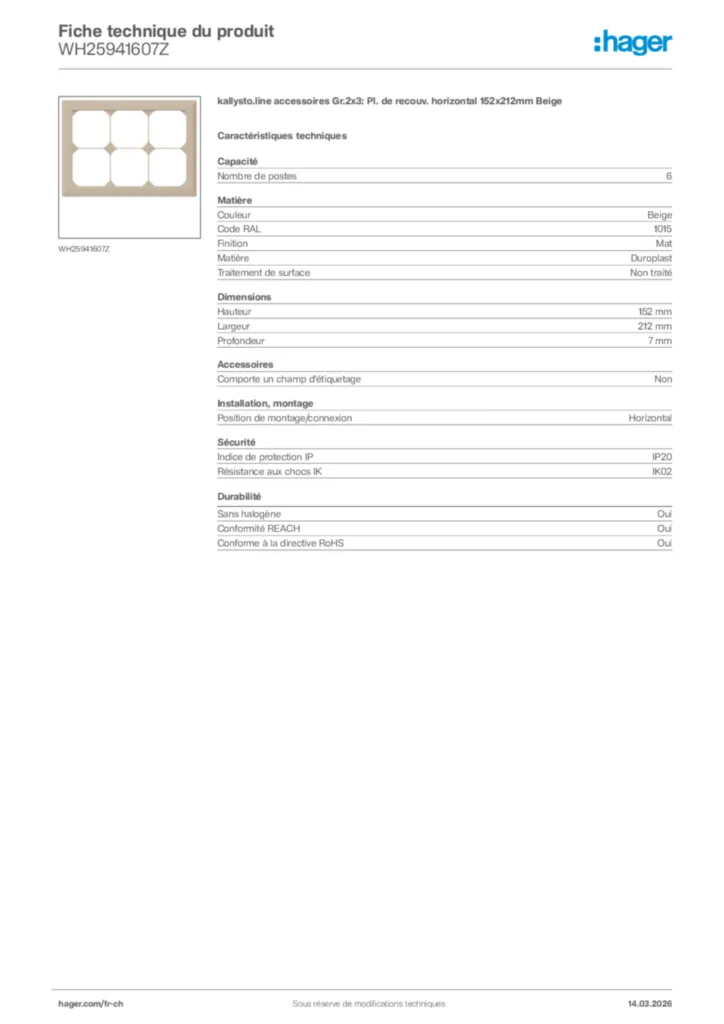 Image Hager Fiche technique du produit WH25941607Z | Hager Suisse
