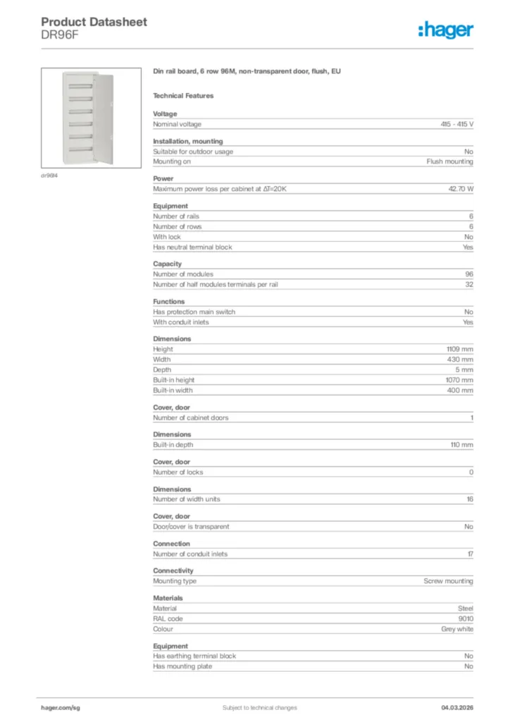 Image Hager Product data sheet DR96F  | Hager