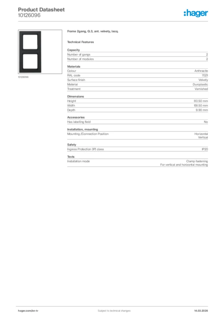 Image Hager Product data sheet 10126096  | Hager