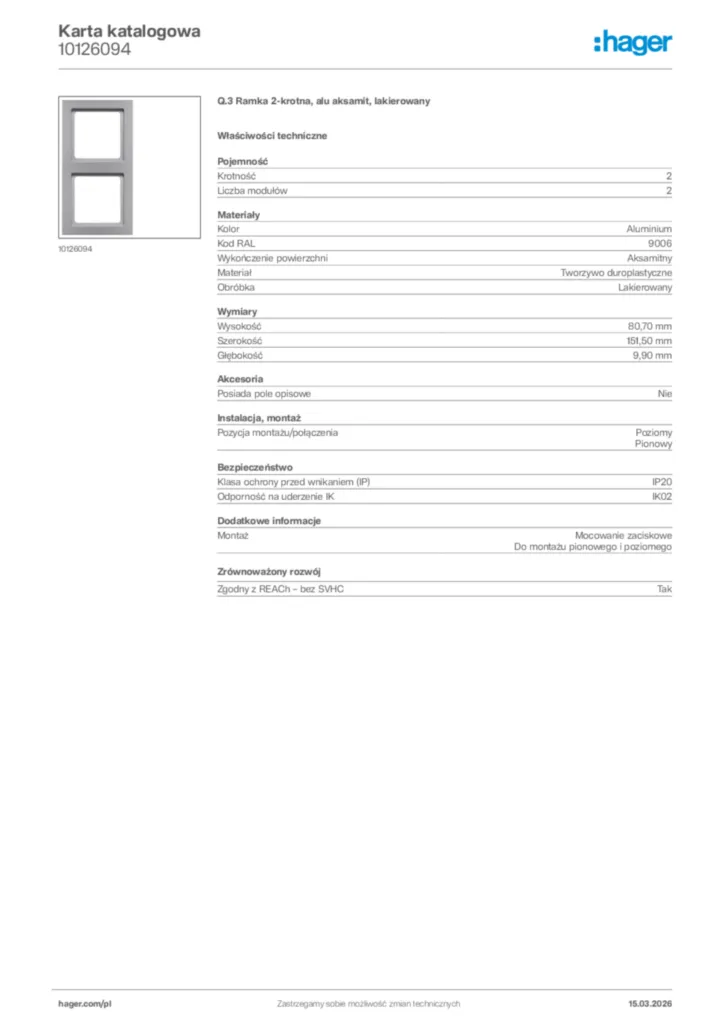 Zdjęcie Hager Karta katalogowa 10126094 | Hager Polska