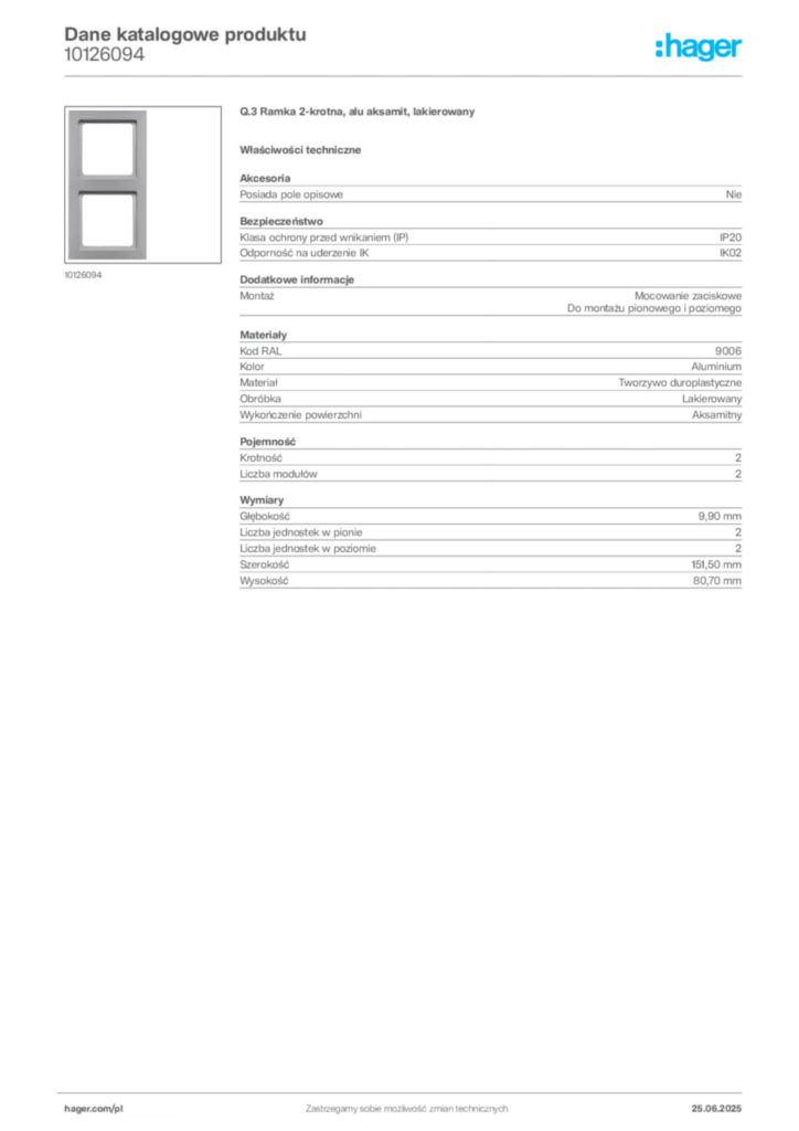 Zdjęcie Hager Karta katalogowa 10126094 | Hager Polska